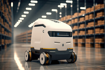 Naklejka premium A sleek, Minimalist mobile robot navigation a warehouse.