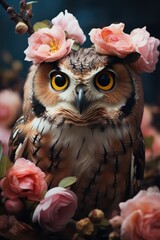 Curious owl with blooming flowers on its head.