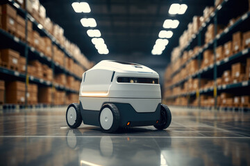 A sleek, Minimalist mobile robot navigation a warehouse.