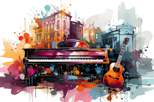 Electric guitar. Hand drawn grunge style art. transparent on PNG background. Generative Ai.