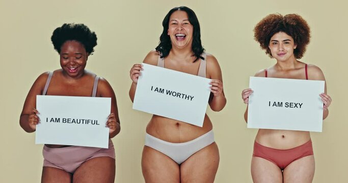 Women, body positivity and poster for diversity, happy and empowerment for self love, natural and affirmation. Portrait, hug and smile for underwear, solidarity or inclusivity for weight acceptance
