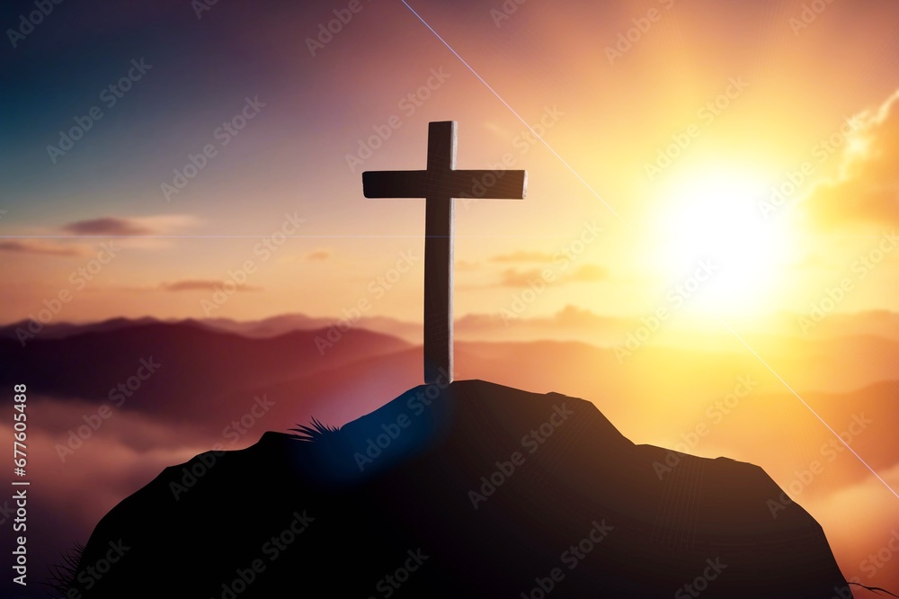 Wall mural Dark wooden cross above the bright sky