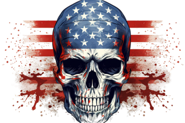 America Flag painted on a skull head transparent on PNG background. Generative Ai.