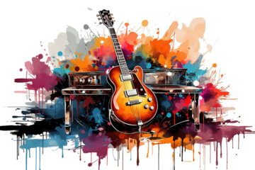 Electric guitar. Hand drawn grunge style art. transparent on PNG background. Generative Ai.