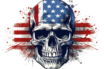 America Flag painted on a skull head transparent on PNG background. Generative Ai.