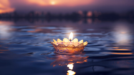 serene diya lamp floating on a tranquil lake at dusk