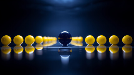 line of yellow spheres with a single distinct blue sphere on reflective surface