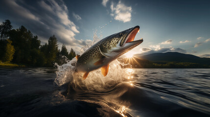 trout leaping at sunset with water splashing in a serene lake - obrazy, fototapety, plakaty