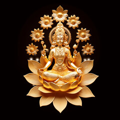 golden statue of Goddess Lakshmi seated on a lotus against a dark background