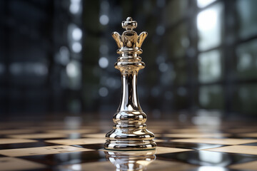 polished silver queen chess piece on a checkered board - obrazy, fototapety, plakaty
