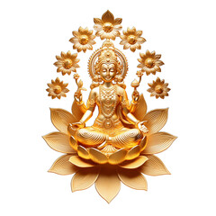 golden statue of Goddess Lakshmi seated on a lotus on isolated background