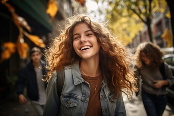 Paseo otoñal. Retrato de mujer. Chica feliz con sudadera amarilla y chaqueta vaquera. temporada de otoño. - obrazy, fototapety, plakaty