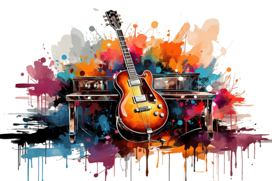 Electric guitar. Hand drawn grunge style art. transparent on PNG background. Generative Ai. - Powered by Adobe