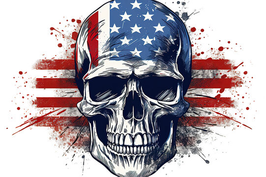 America Flag painted on a skull head transparent on PNG background. Generative Ai.