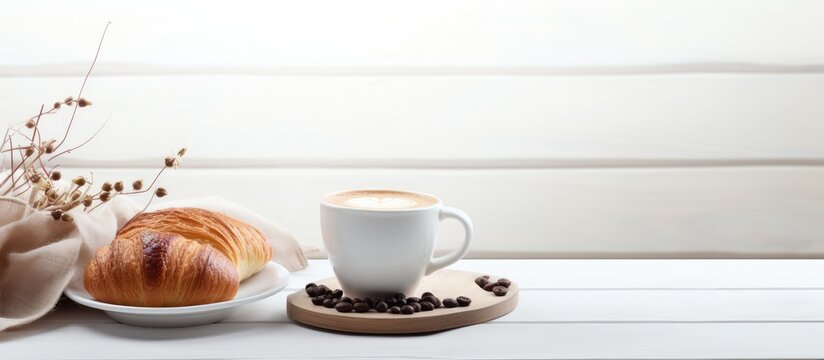 In the tranquil white cafe with an isolated wooden background you can savor a deliciously healthy breakfast accompanied by aromatic coffee all made with natural ingredients known to boost en