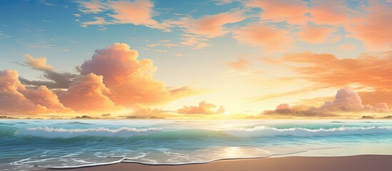 In the summer as we travel to the beach the sky meets the ocean in a stunning display of blue and orange colors creating a breathtaking landscape where the water and sand merge seamlessly a - obrazy, fototapety, plakaty