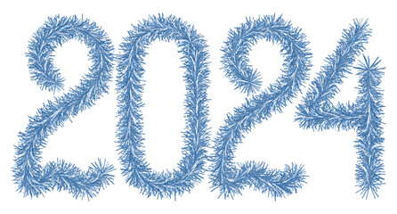 Tinsel. 2024. Lettering from a festive Christmas decoration. Fluffy blue numbers. Vector illustration. Isolated background. Cute plush message. The coming year. Rustling lettering. Idea for web design