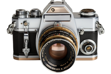 Vintage camera with Carl Zeiss lens transparent on PNG background. Generative Ai.
