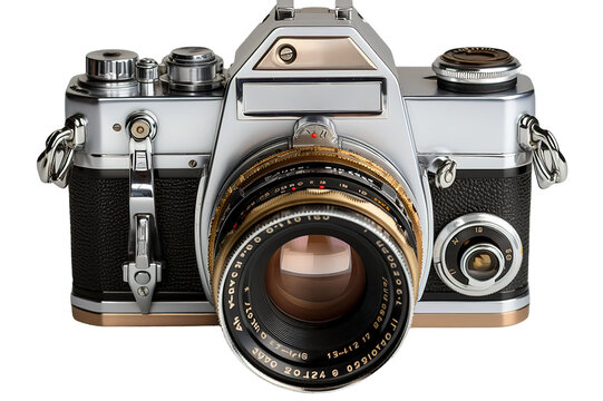 Vintage camera with Carl Zeiss lens transparent on PNG background. Generative Ai.