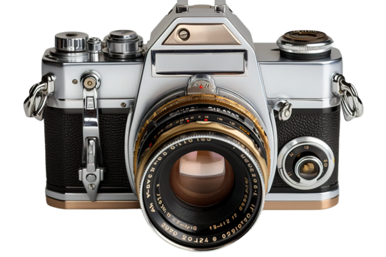 Vintage camera with Carl Zeiss lens transparent on PNG background. Generative Ai.