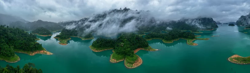 Foto op Plexiglas Aerial drone view of island on the lake, tropical Mountain peak , Khao Sok National Park, Thailand © lkunl