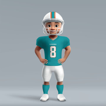 3d cartoon cute young american football player in Miami uniform.