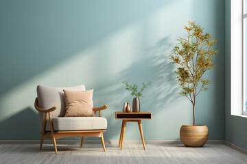 interior with blue wall with armchair and plant vase, 3d rendering. ia generative