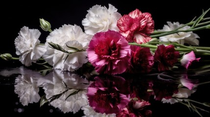 Bouquet of carnations on a black background with reflection. Carnation Flowers. Marigold. Beautiful Marigold Flowers. Mother's Day Concept. Valentine Day Concept with a Copy Space. Springtime.