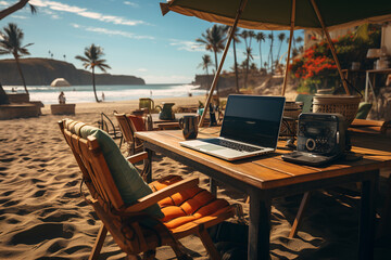 Laptop computer on a table on the beach. Summer vacation concept. ia generative - obrazy, fototapety, plakaty