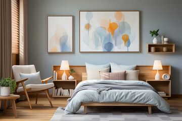 Scandinavian style bedroom interior. pastel blue walls. 3d rendering. ia generative