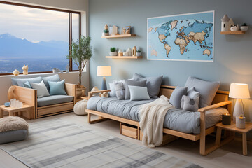 Interior of a modern bedroom with wooden bed, coffee table and a map on the wall. ia generative