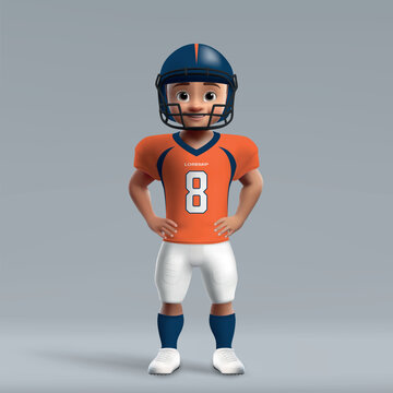 3d cartoon cute young american football player in Denver uniform.