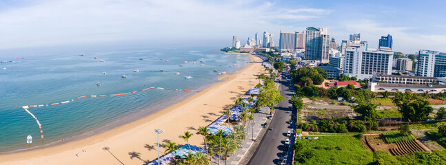 Pattaya Thailand, a view of the beach road with hotels and skyscrapers buildings alongside the renovated new beach road. 