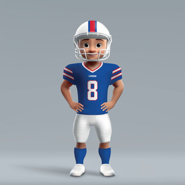 3d cartoon cute young american football player in Buffalo uniform.