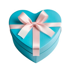 Pale blue heart shaped gift box with a blush ribbon bow