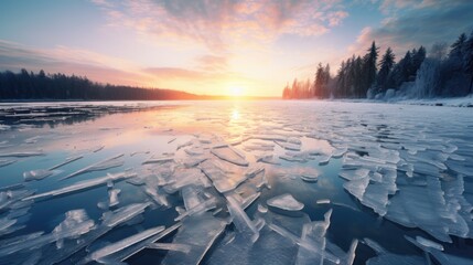 Beautiful landscape view of a frozen lake with ice snow and smoke - obrazy, fototapety, plakaty