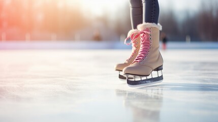 Close up woman legs skating in a white figure skates on a outdoor ice rink