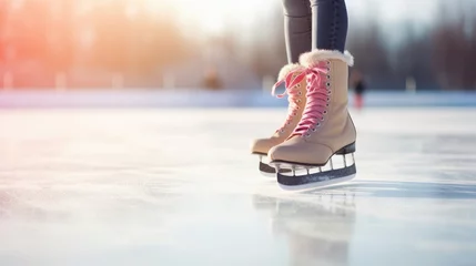 Fotobehang Close up woman legs skating in a white figure skates on a outdoor ice rink © GulArt