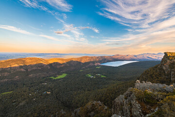 Grampians National Park panorama with Lake Bellfield viewed from the Pinnacle lookout during golden...