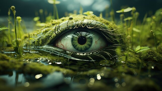 Concept illustration of what plants can see. Fantasy composition with plant eye.