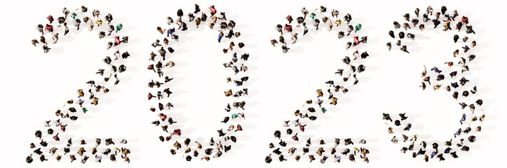 Concept or conceptual large community of people forming 2023 year. 3d illustration metaphor for celebration, festive, party, hope, future, prosperity, health and luck, business and teamwork