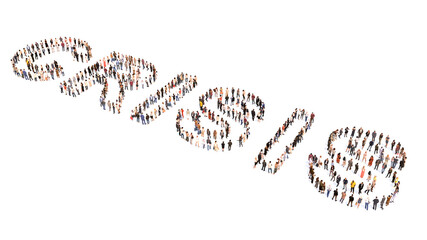 Conceptual large community of people forming the word CRISIS. 3d illustration metaphor for declining economic activity, financial crisis, high unemployment, inflation, debt rising and poverty