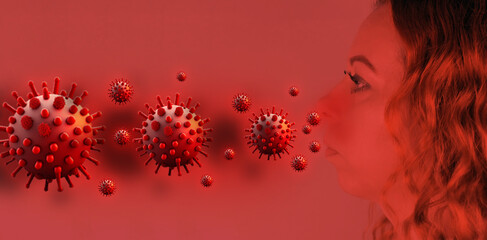 The virus gets into a person's nose and mouth. Virus in the human body, bacteria fly through the...