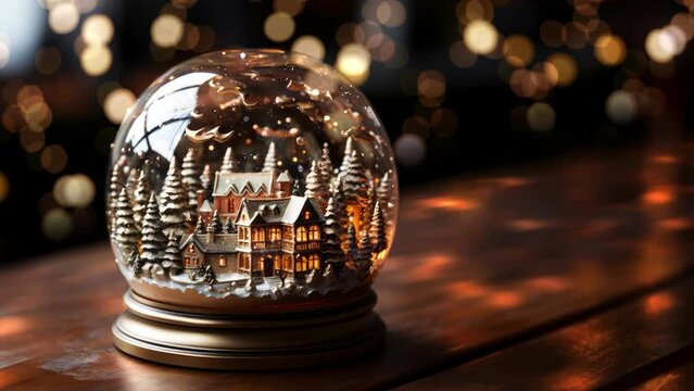 Inside the snow globe, a miniature winter wonderland comes to life, with a charming snowy village, twinkling lights, and a lovely Christmas tree