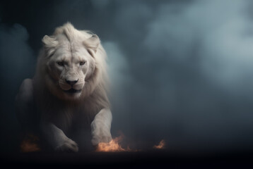 The Lion of Judah - White albino imposing lion - Fire, smoke, ashes, embers - Fantasy Feline Lion...