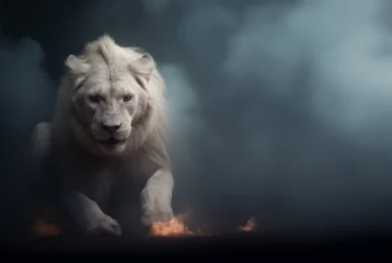 Foto op Aluminium The Lion of Judah - White albino imposing lion - Fire, smoke, ashes, embers - Fantasy Feline Lion King - Copy space © ana