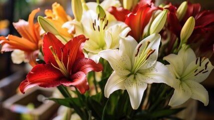 Bouquet of colorful lilies in a wicker basket. Mother's Day Concept. Valentine's Day Concept with a Copy Space. Springtime.