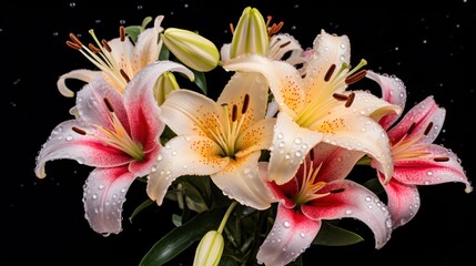 Bouquet of lilies on a black background with water drops. Mother's Day Concept. Valentine's Day Concept with a Copy Space. Springtime.