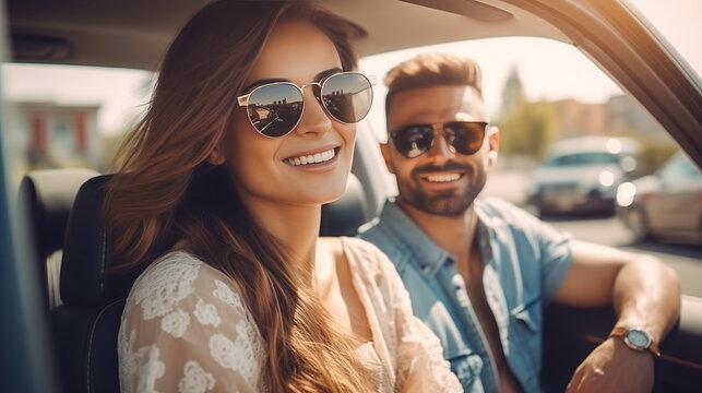 Young happy family driving a car during the vacation trip at sunny day. Smiling beautiful woman and man wearing sunglasses sitting in a car. Car rental, rent-a-car, insurance, driving courses
