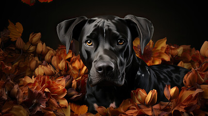 Gray Great Dane Puppy Amidst Autumn Leaves - Generative AI - obrazy, fototapety, plakaty